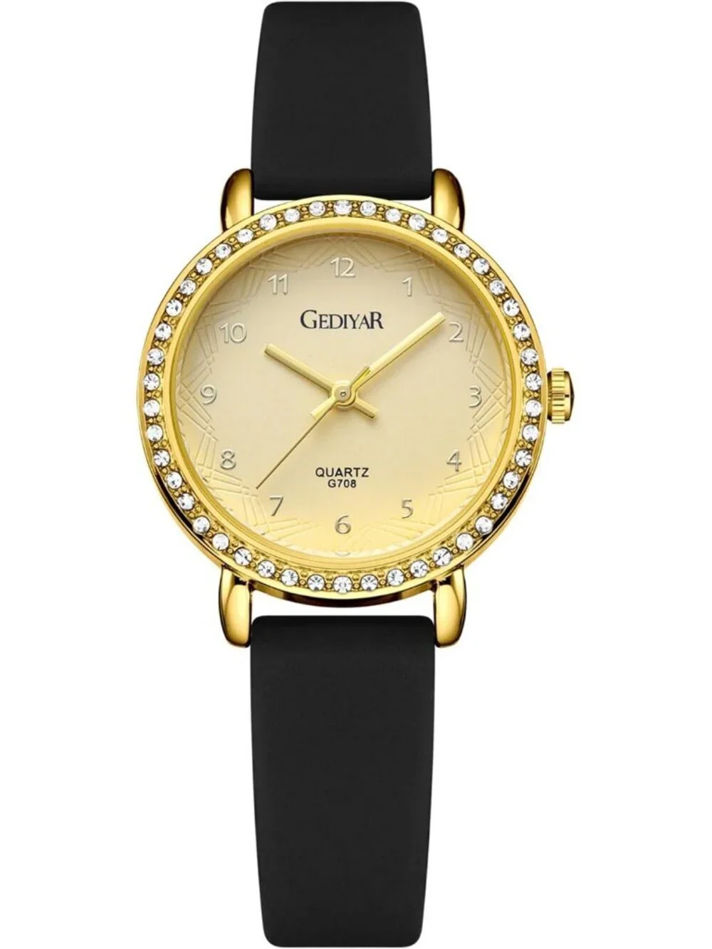 Women's Black Gold Analog Quartz Crystal Rhinestone Bezel Waterproof Wrist Watch